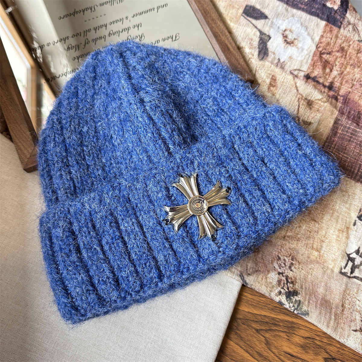Metal Cross Knit Cuffed Beanie Vintage Winter Skull Cap Multi‑Color