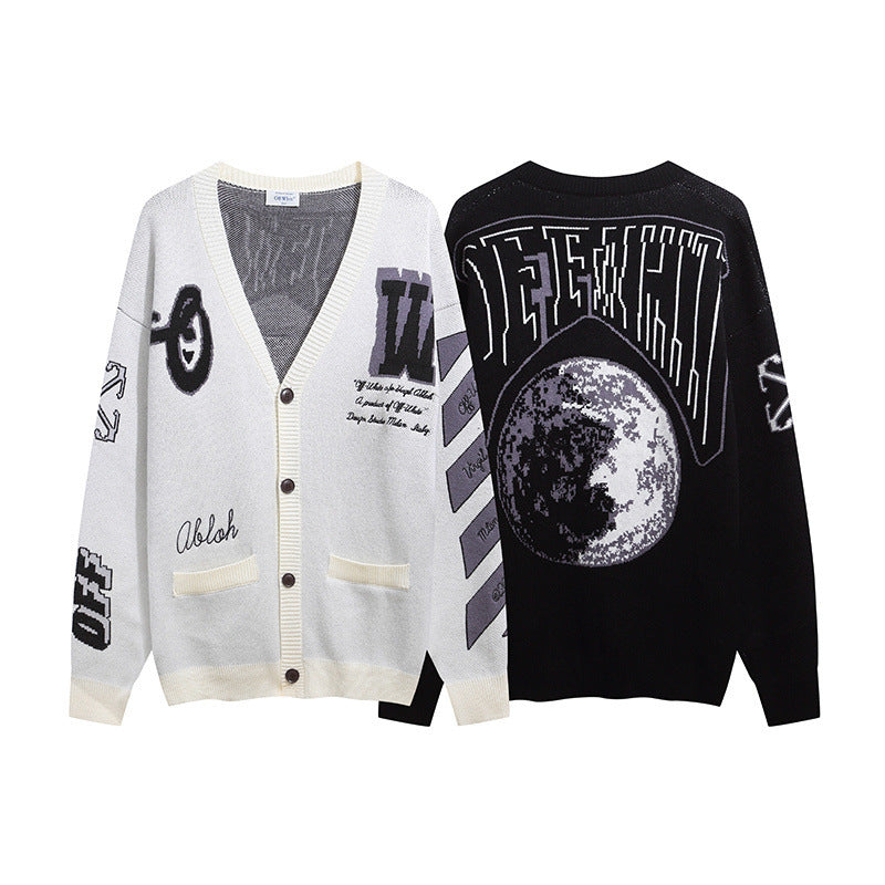 Off-White Moon Letter Pattern Knit Cardigan Sweater Unisex