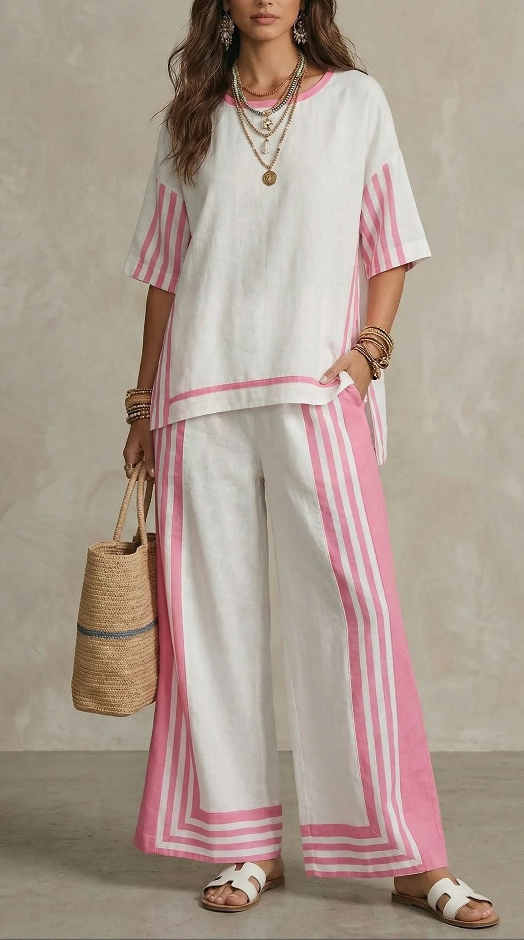 Women Boho Gradient Print Round Neck Batwing Loose Beach Two Piece Set