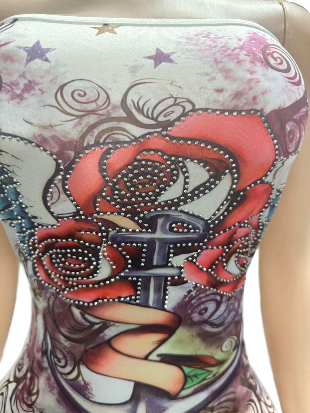 Vintage Tattoo Graphic Print Strapless Bodycon Mini Dress Women