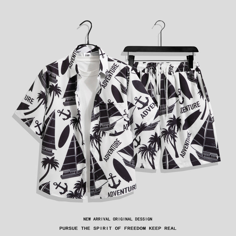 Ice Silk Quick Dry Couple Floral Loose Beach Shirt Shorts Set T3601-T3630
