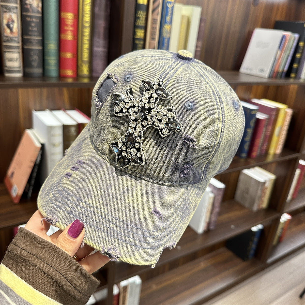 Rhinestone Cross Distressed Washed Denim Baseball Cap Multi‑Color