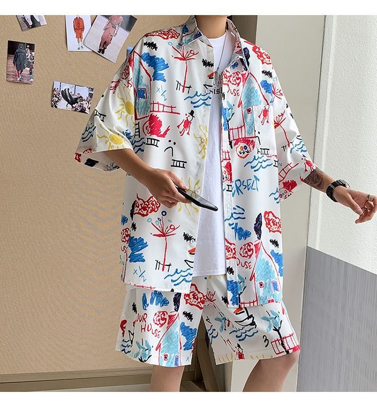 Couple Quick Dry Floral Loose Tropical Beach Shirt Shorts Set