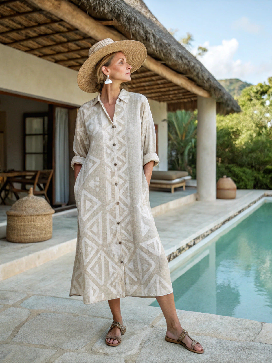 Women Boho Vertical Striped Collared Button Front Slit Loose Maxi Beach Dress