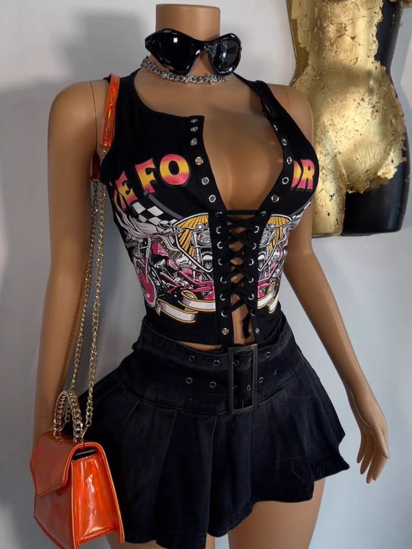 Vintage Graphic Lace Up Cutout Sleeveless Crop Tank Top