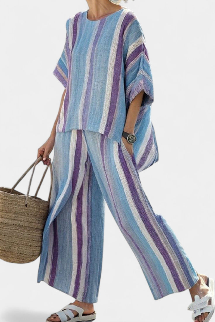 Women European Boho Striped Plus Size Loose Kaftan Beach Vacation Set