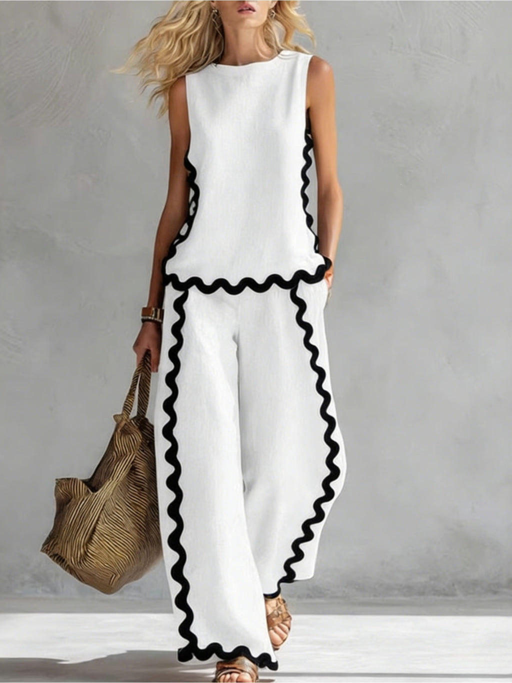 Boho Floral Trim Sleeveless Wide Leg Two Piece Set