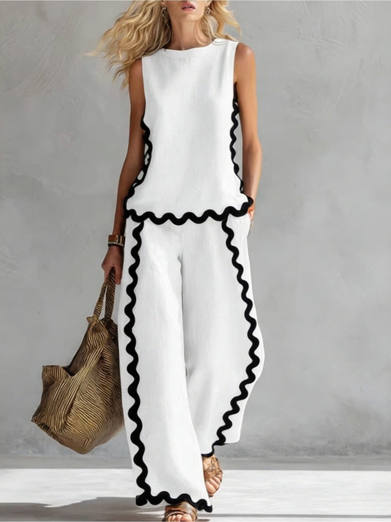 Boho Floral Trim Sleeveless Wide Leg Two Piece Set