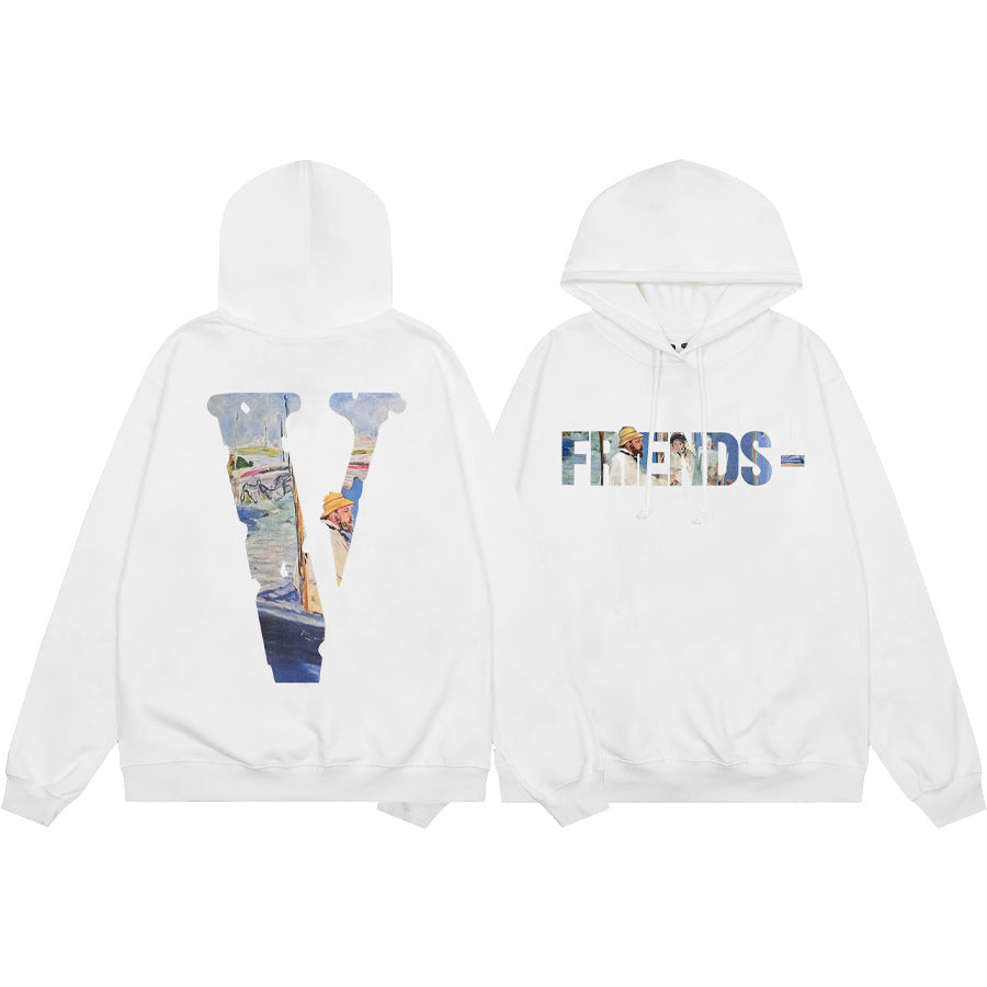 Vlone Multi Pattern Big V Graphic Oversized Hoodie Streetwear Unisex