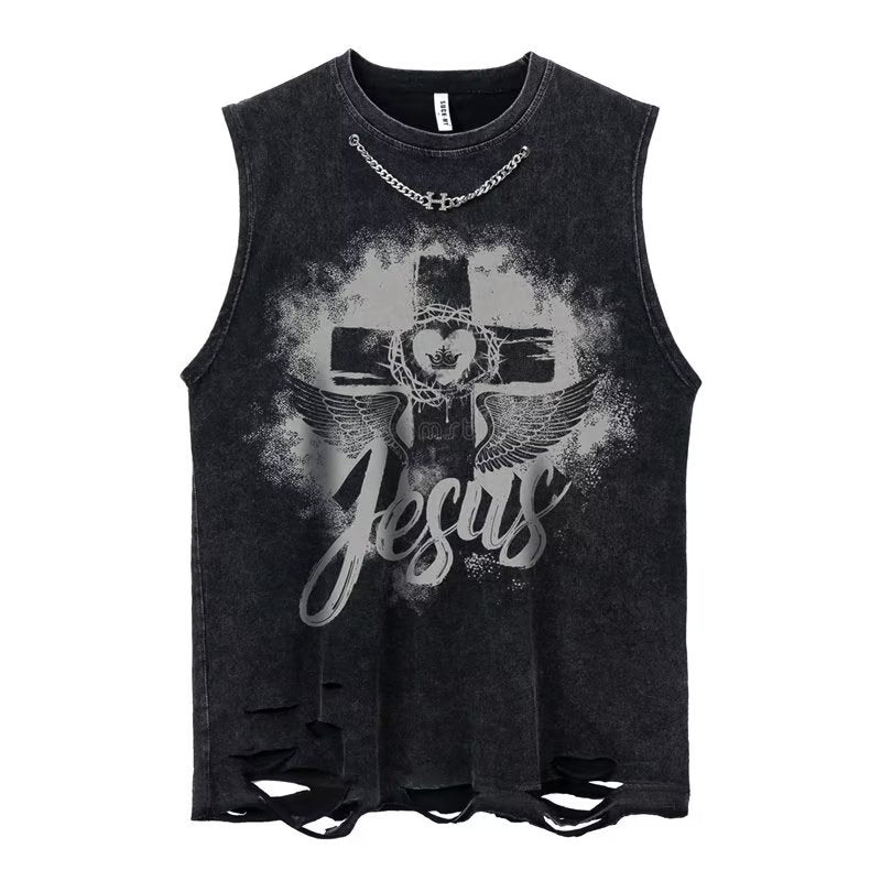 Vintage Washed Ripped Tank Mens Loose Hip Hop Sleeveless Vest