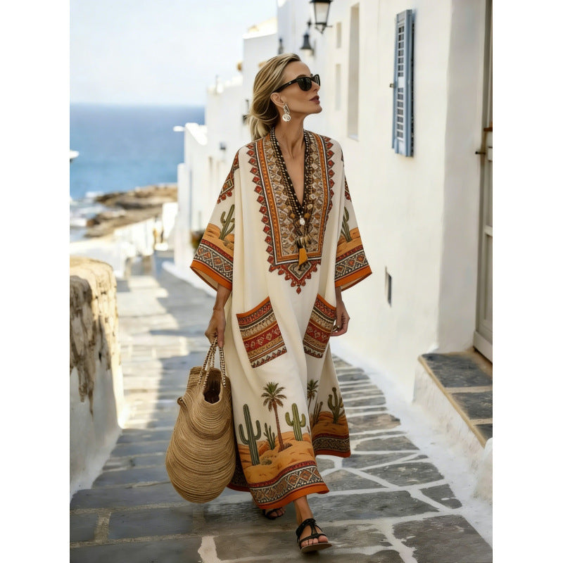 Women Boho Striped V Neck Open Front Loose Kaftan Maxi Beach Dress
