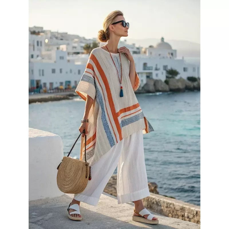 Women Boho Striped Plus Size Loose Kaftan Beach Set
