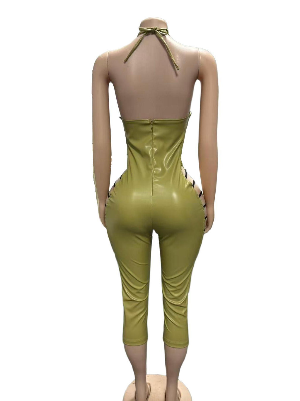 Faux Leather Halter Back Zipper Side Cutout Lace Up Jumpsuit Women