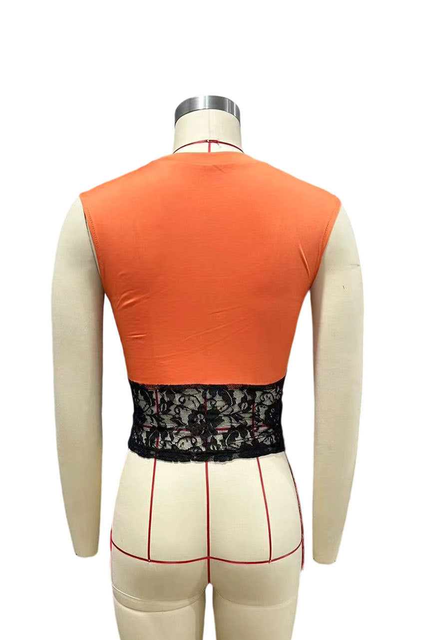 Westside Elementary Cartoon Print Lace Spliced Sleeveless Crop Top Women