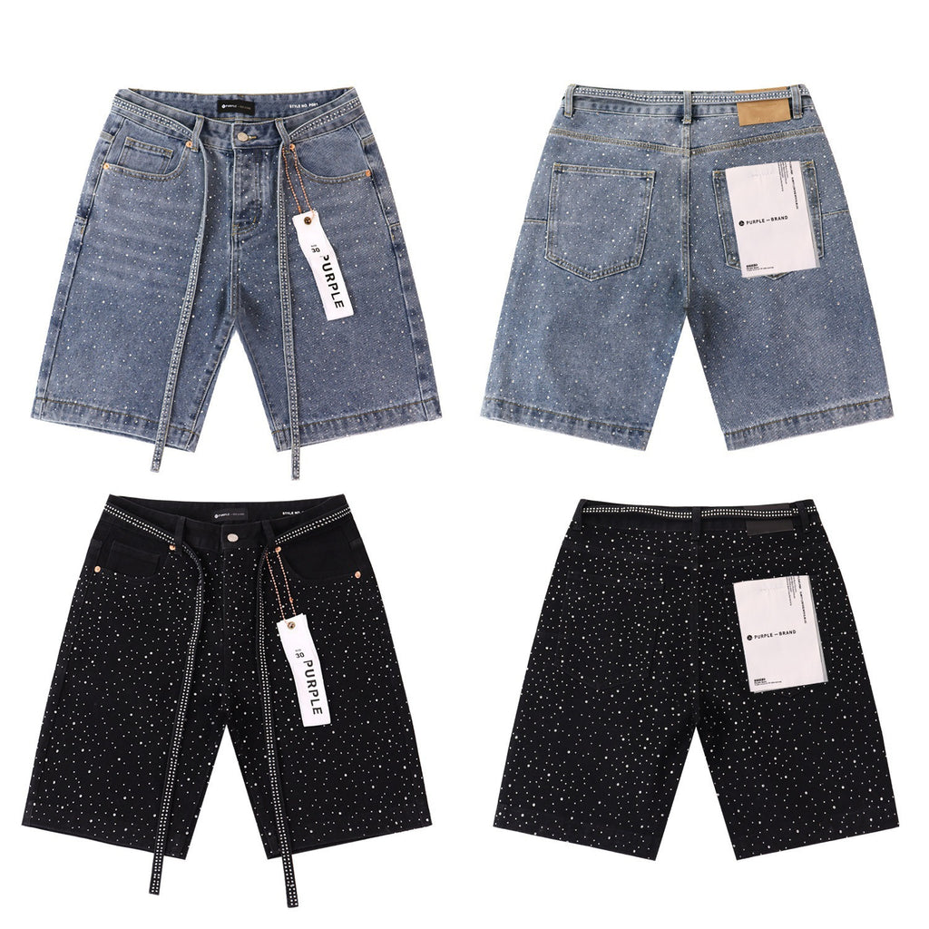 Purple Brand Rhinestone Straight‑Leg Denim Shorts Unisex