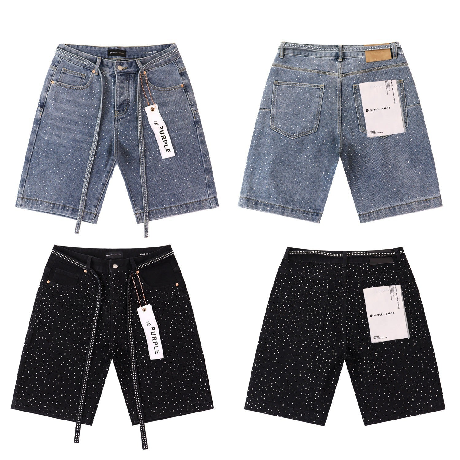 Purple Brand Rhinestone Straight‑Leg Denim Shorts Unisex
