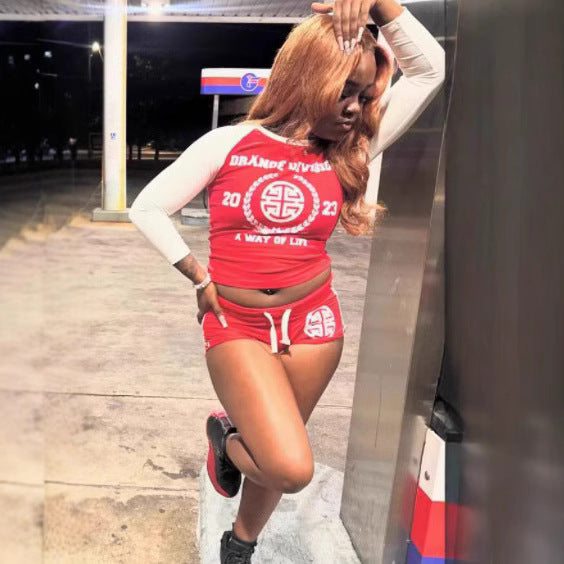 Dranoe Division Letter Print Raglan Crop Top Shorts 2 Piece Set Women