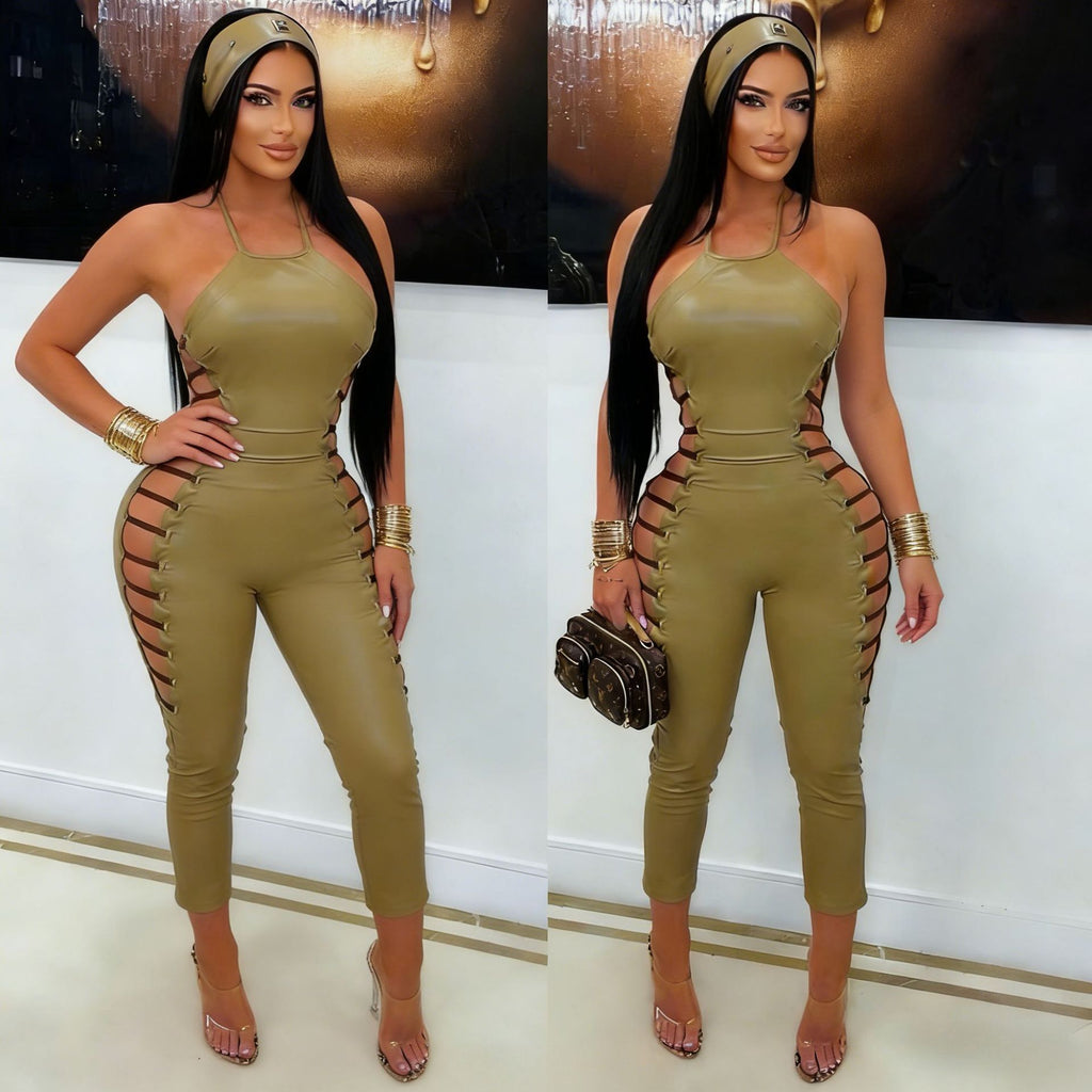 Faux Leather Halter Back Zipper Side Cutout Lace Up Jumpsuit Women