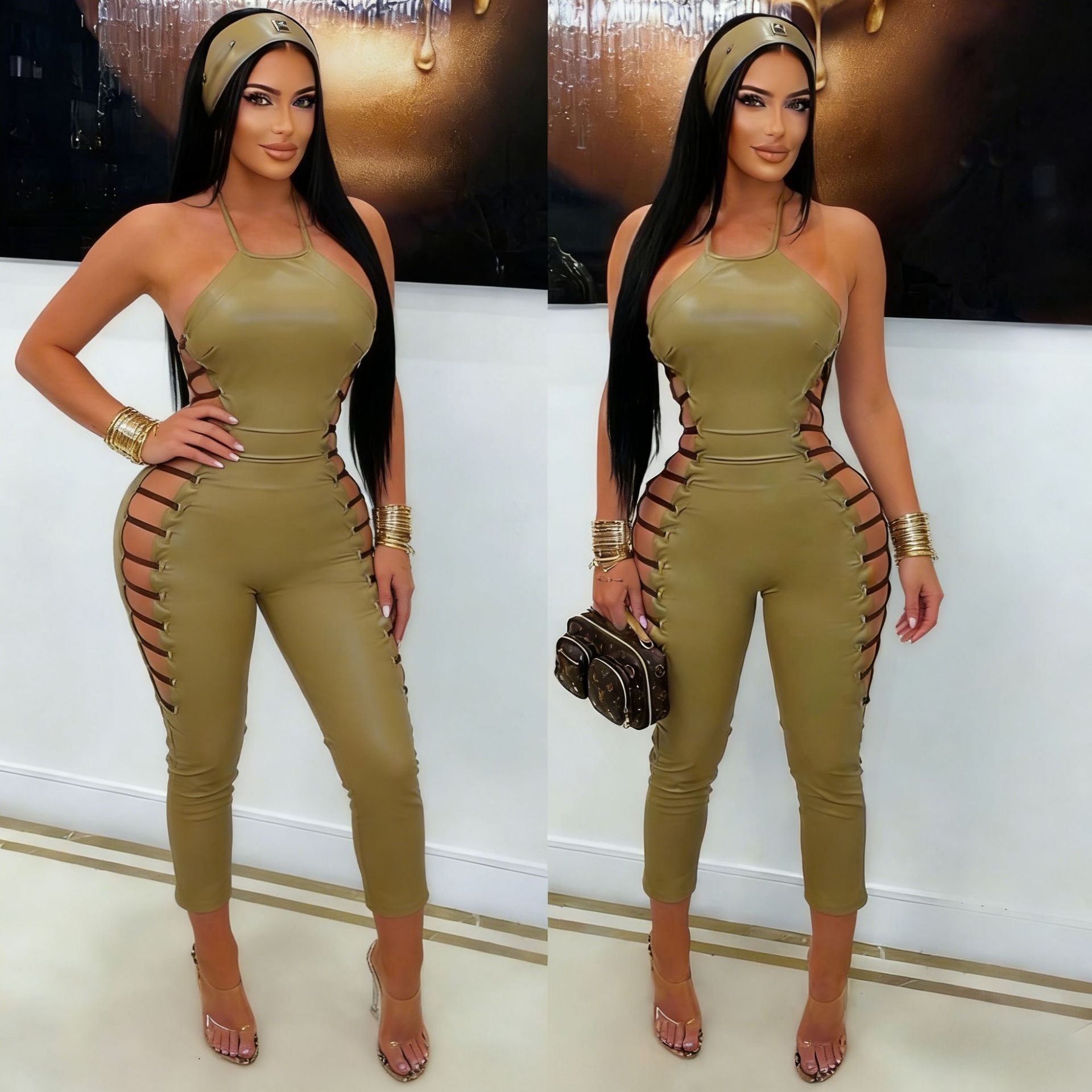 Faux Leather Halter Back Zipper Side Cutout Lace Up Jumpsuit Women