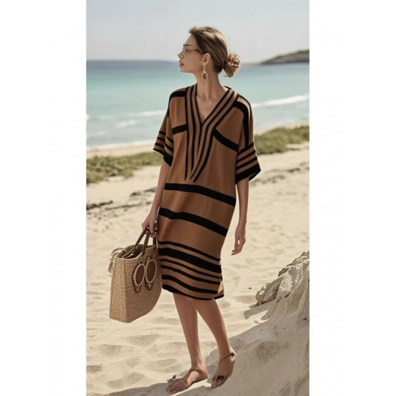 Women Boho Striped V Neck Loose Kaftan Midi Beach Dress