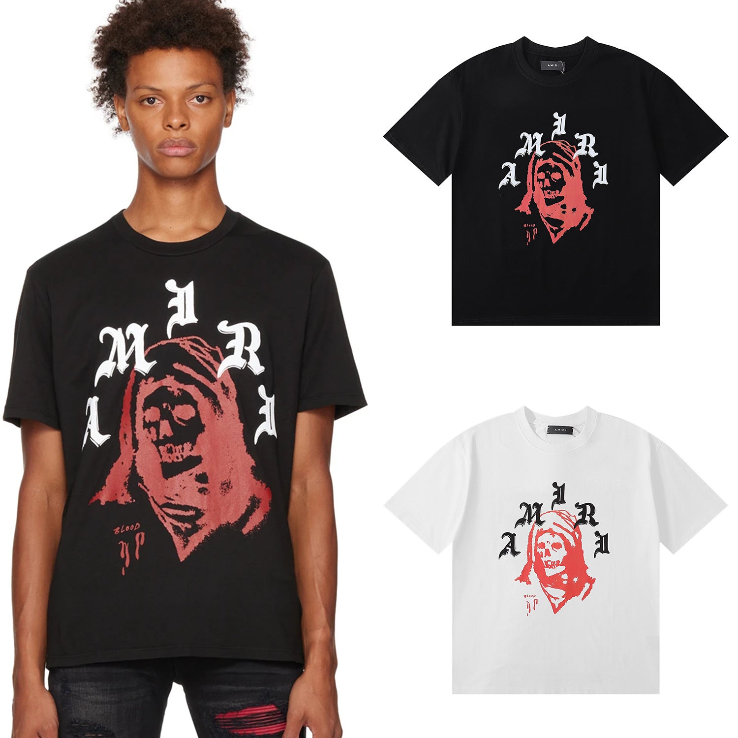 Amiri Rose Skull Letter Graphic Short Sleeve Tee Streetwear Unisex