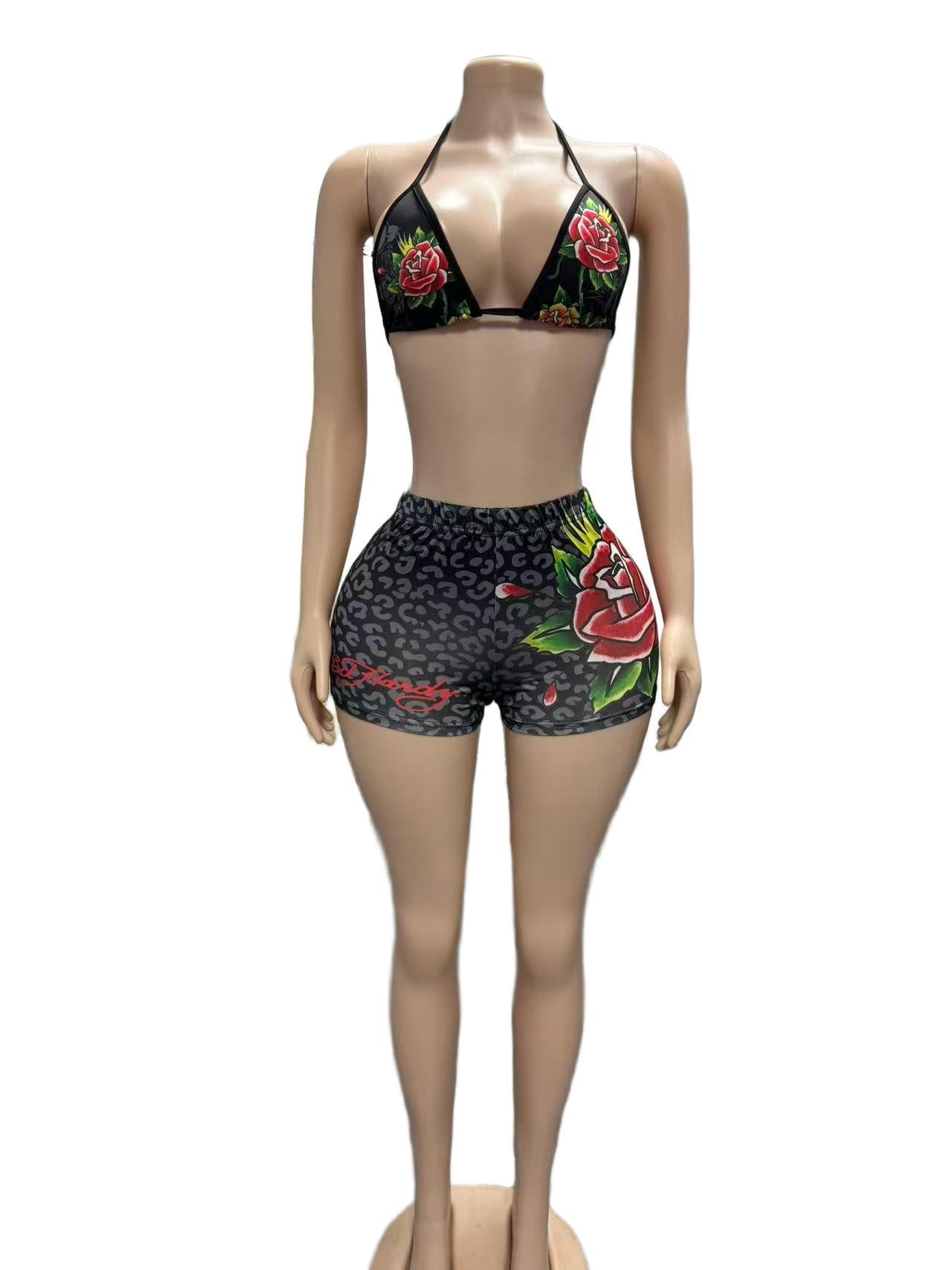 Leopard Rose Print Halter Sexy 2 Piece Shorts Set Women Club Outfit
