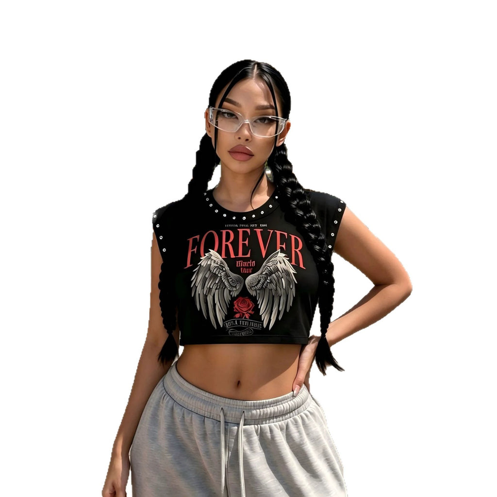 Rivet Decor Graphic Print Crew Neck Sleeveless Crop Tank Top Women