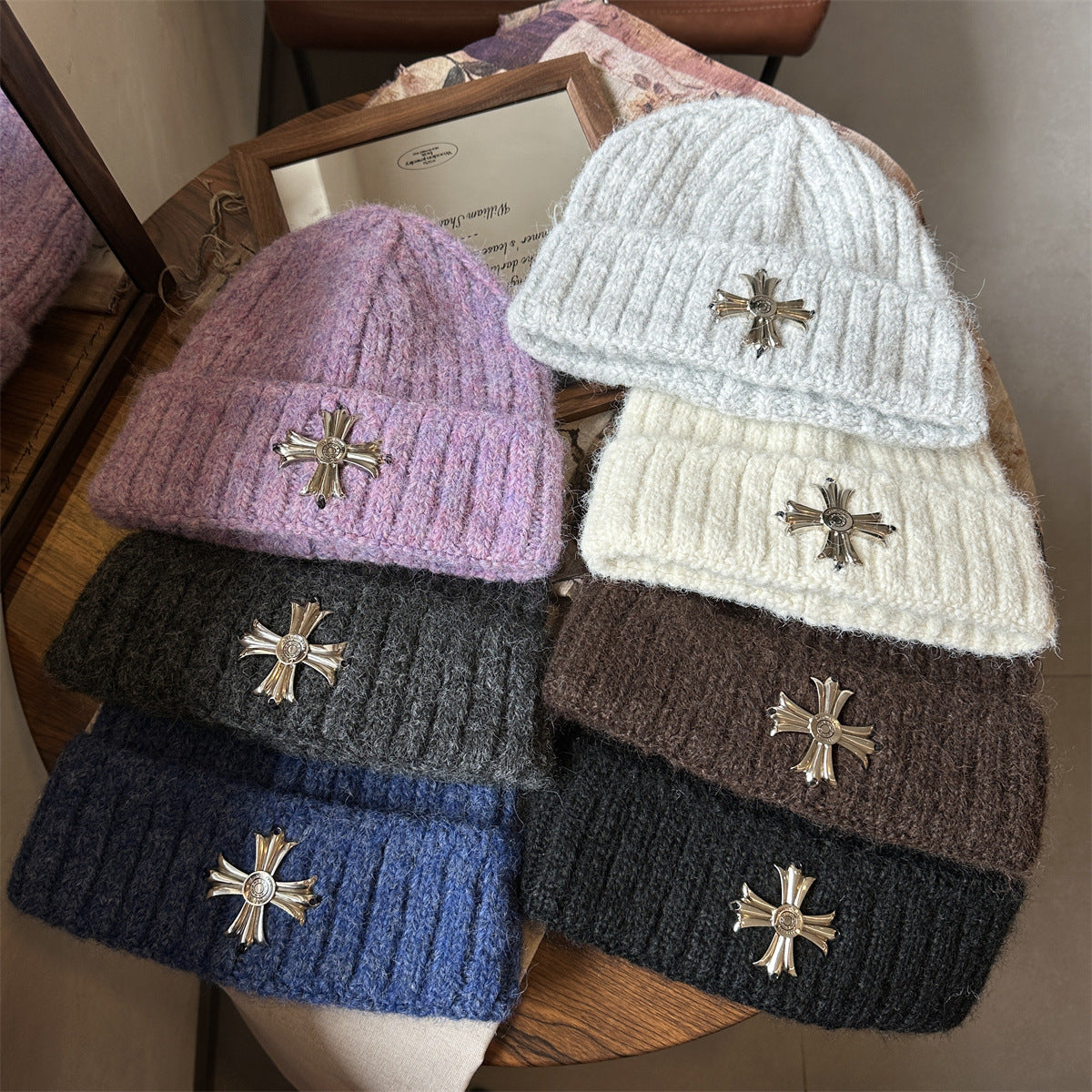 Metal Cross Knit Cuffed Beanie Vintage Winter Skull Cap Multi‑Color