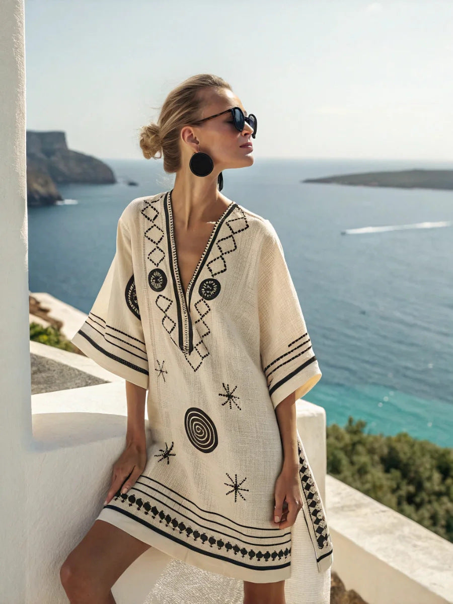 Women Boho Geometric Print V Neck Loose Kaftan Maxi Beach Dress