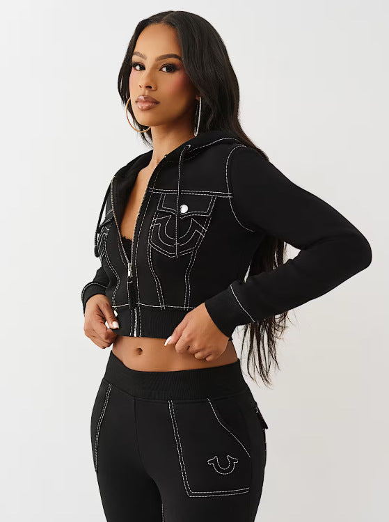 Y2K True Religion Contrast Stitch Embroidery Crop Hoodie 2 Piece Set