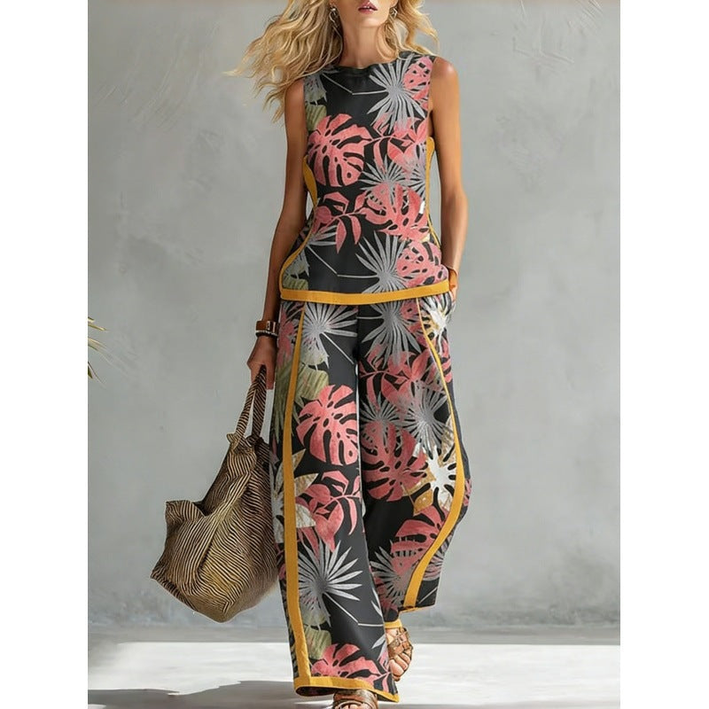 Boho Floral Trim Sleeveless Wide Leg Two Piece Set