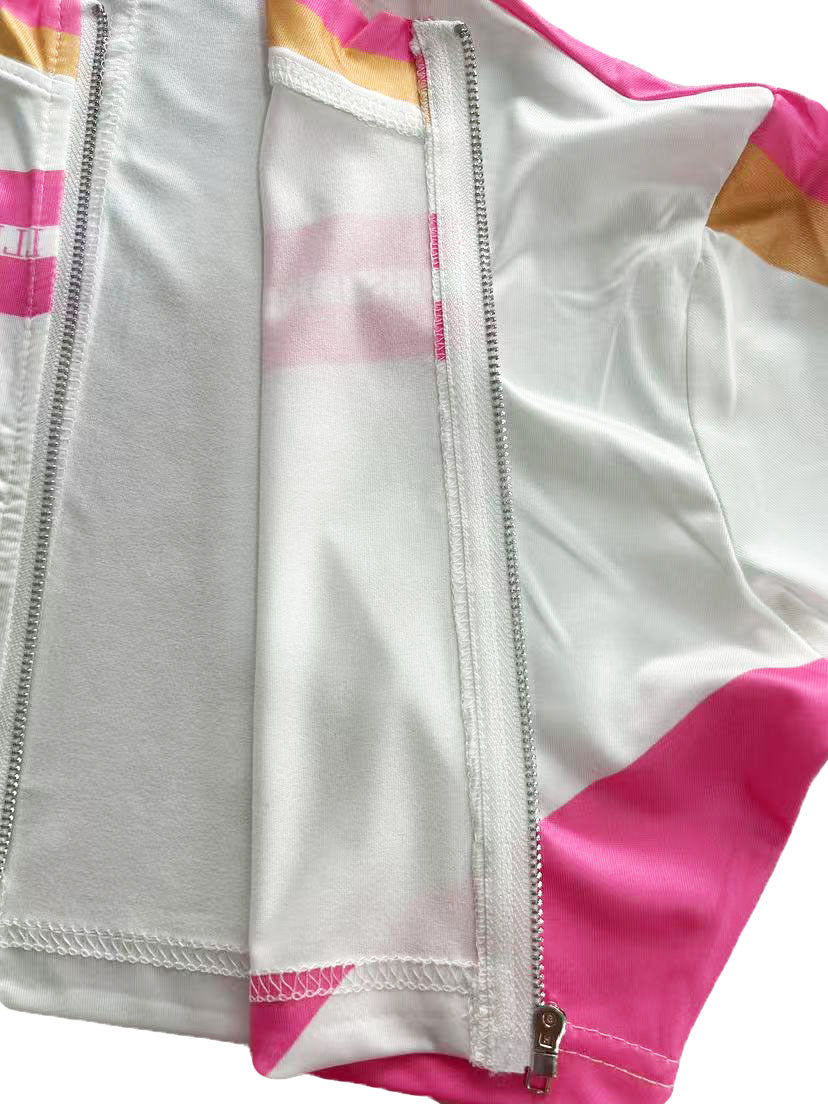 Color Block Letter Print Zip Up Crop Top Shorts 2 Piece Set Women