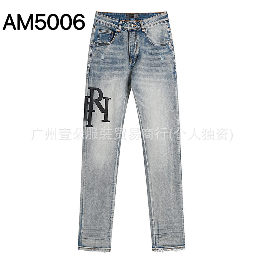 Amiri Letter Embroidery Distressed Stretch Slim Fit Denim Jeans Unisex
