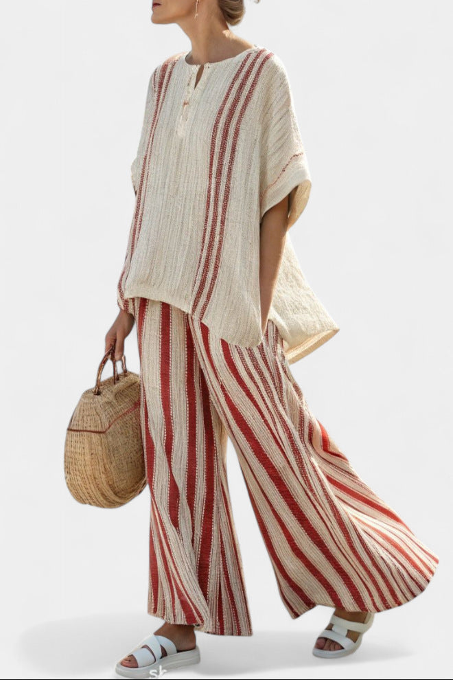 Women European Boho Striped Plus Size Loose Kaftan Beach Vacation Set