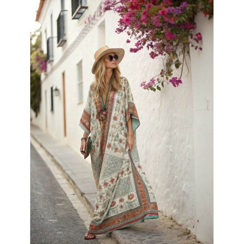 Women Boho Floral Border Print V Neck Loose Kaftan Maxi Beach Dress