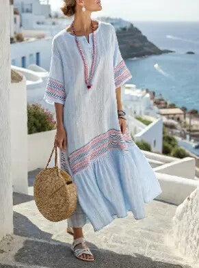 Women Boho Floral Border Print V Neck Loose Kaftan Maxi Beach Dress