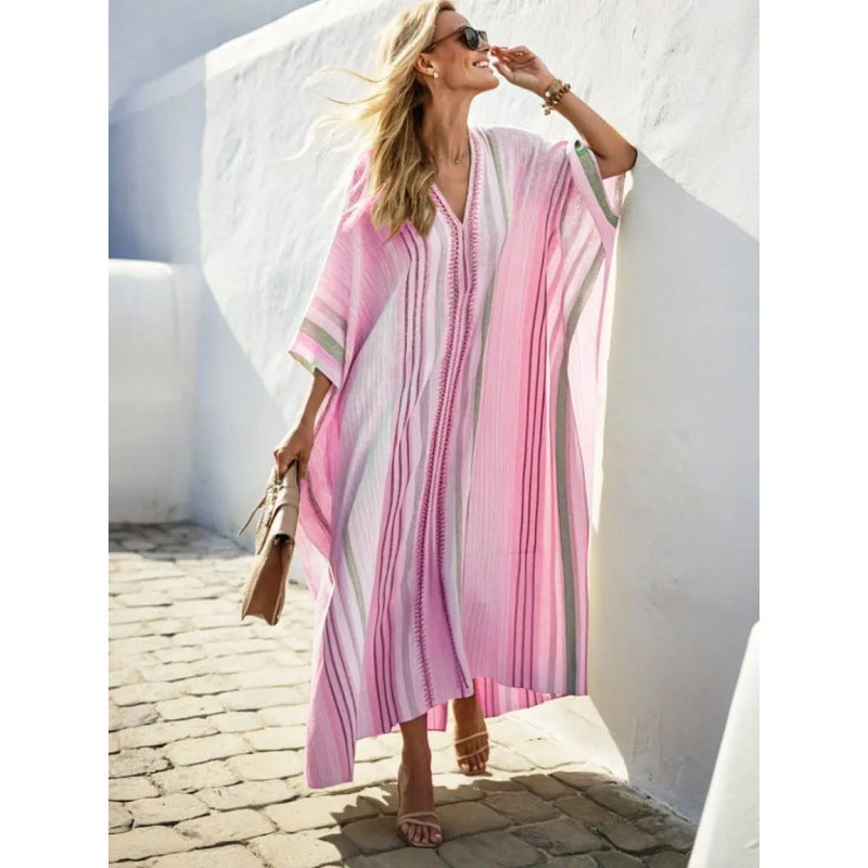Women Boho Floral Border Print V Neck Loose Kaftan Maxi Beach Dress