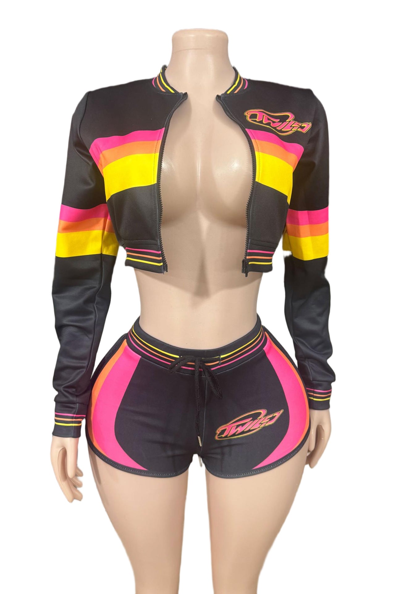Twiley TM Color Block Zip Up Crop Jacket Shorts 2 Piece Set Women