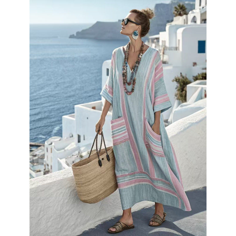 Women Boho Striped Embroidery V Neck Loose Kaftan Maxi Beach Dress