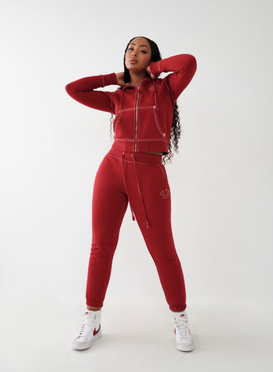 True Religion Vintage Stitch Zip Crop Hoodie Flare Pant Tracksuit Set