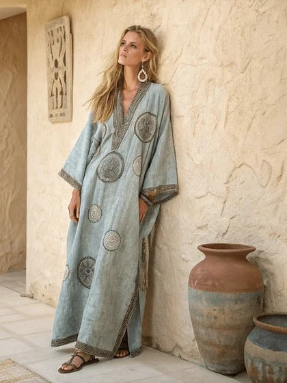 Women Boho Diagonal Striped Off Shoulder Loose Kaftan Maxi Beach Dress