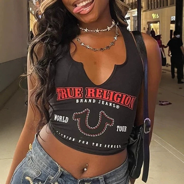 True Religion Letter Print Notch V Neck Sleeveless Crop Tank Top Women