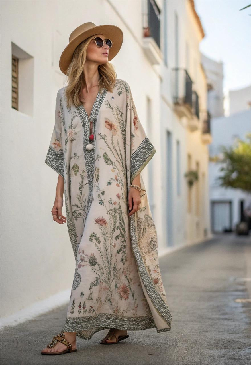 Women Boho Floral Border Print V Neck Loose Kaftan Maxi Beach Dress
