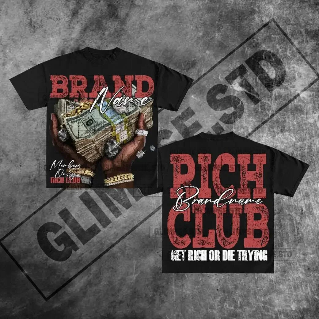 Y2K Rich Club Style Hip Hop Portrait Spruch Übergroßes Streetwear Baumwoll T-Shirt