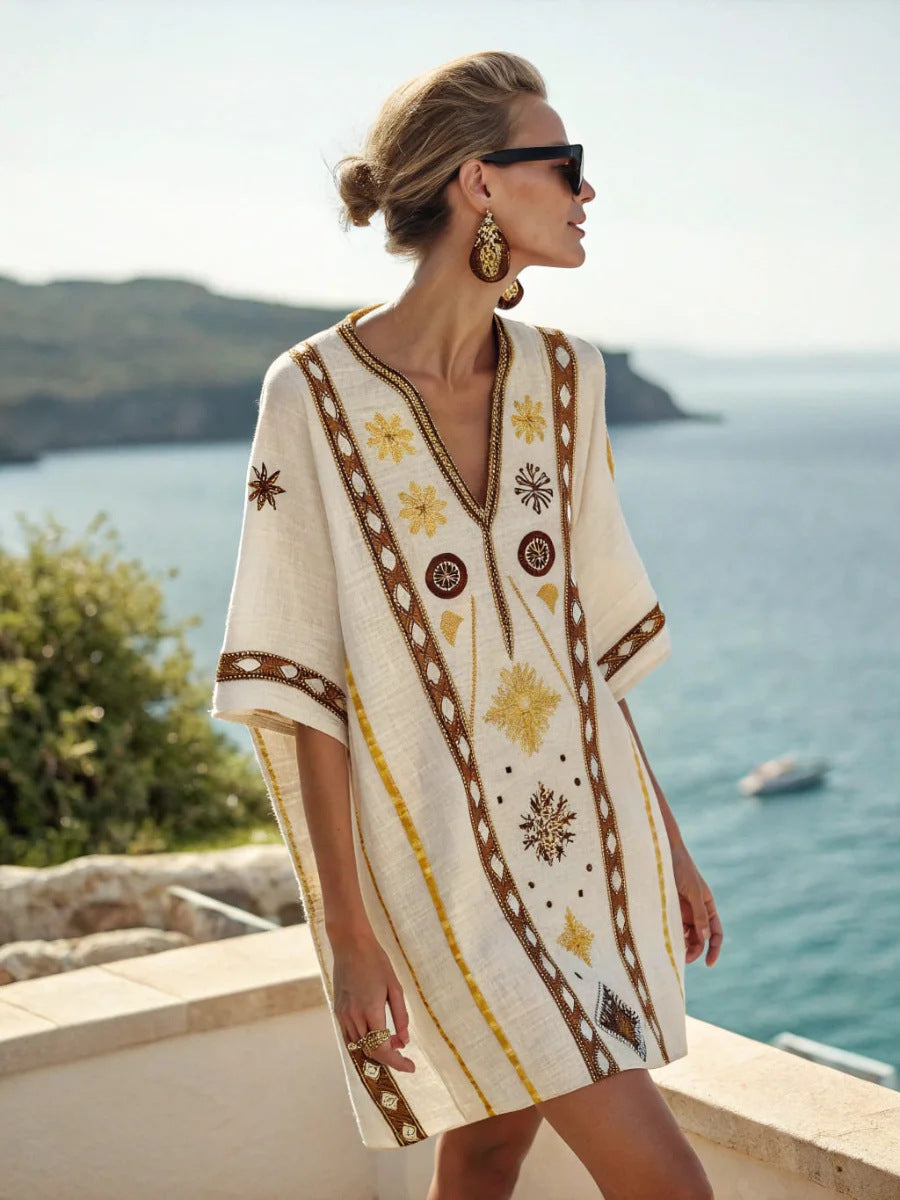 Women Boho Geometric Print V Neck Loose Kaftan Maxi Beach Dress