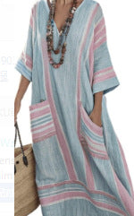 Women Boho Striped V Neck Open Front Loose Kaftan Maxi Beach Dress