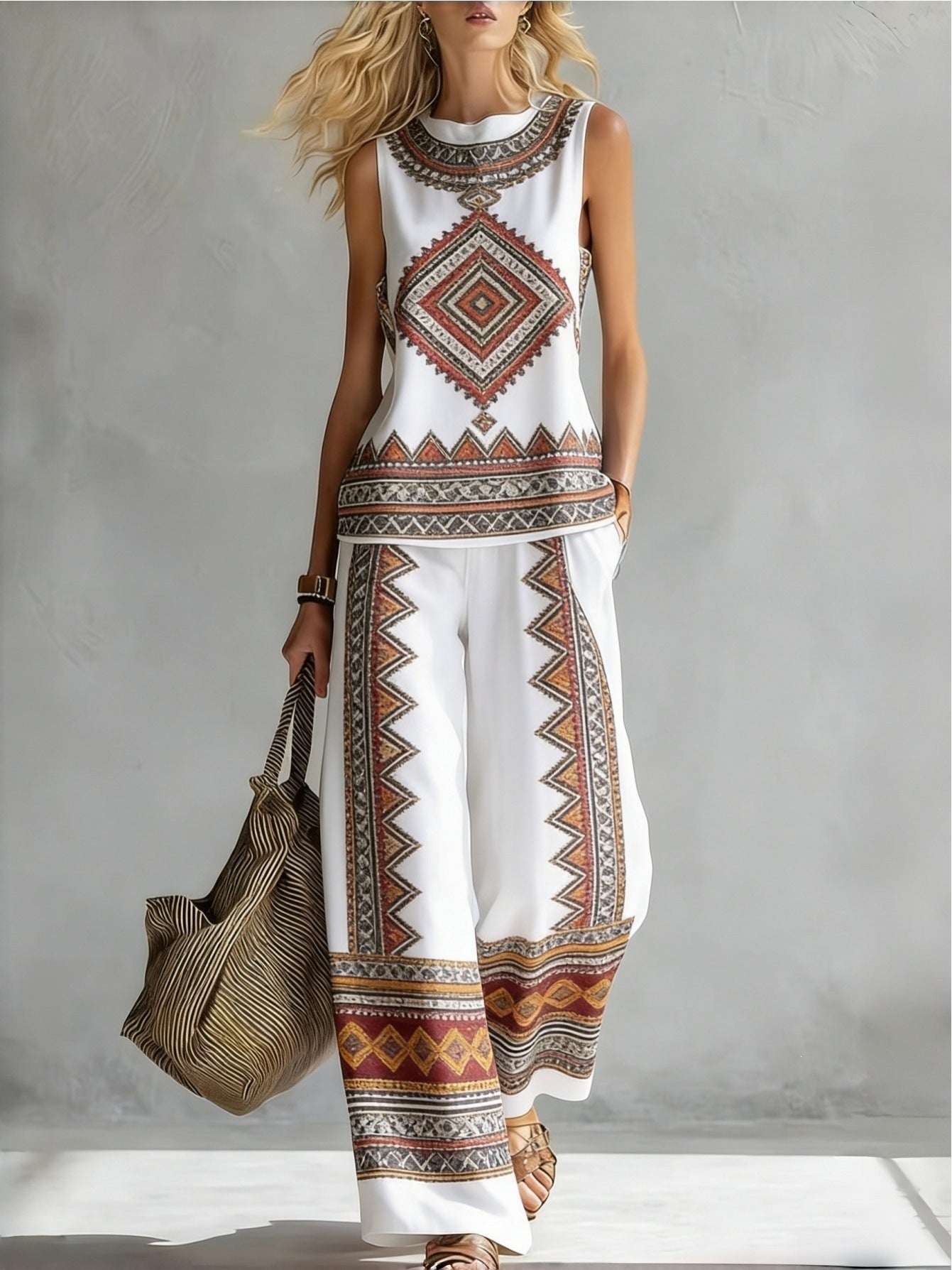 Boho Floral Trim Sleeveless Wide Leg Two Piece Set