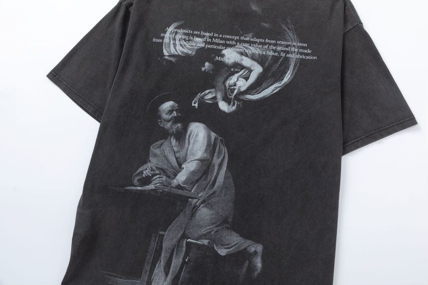 Washed Vintage Black Oil Painting Crew Neck Short Sleeve T Shirt