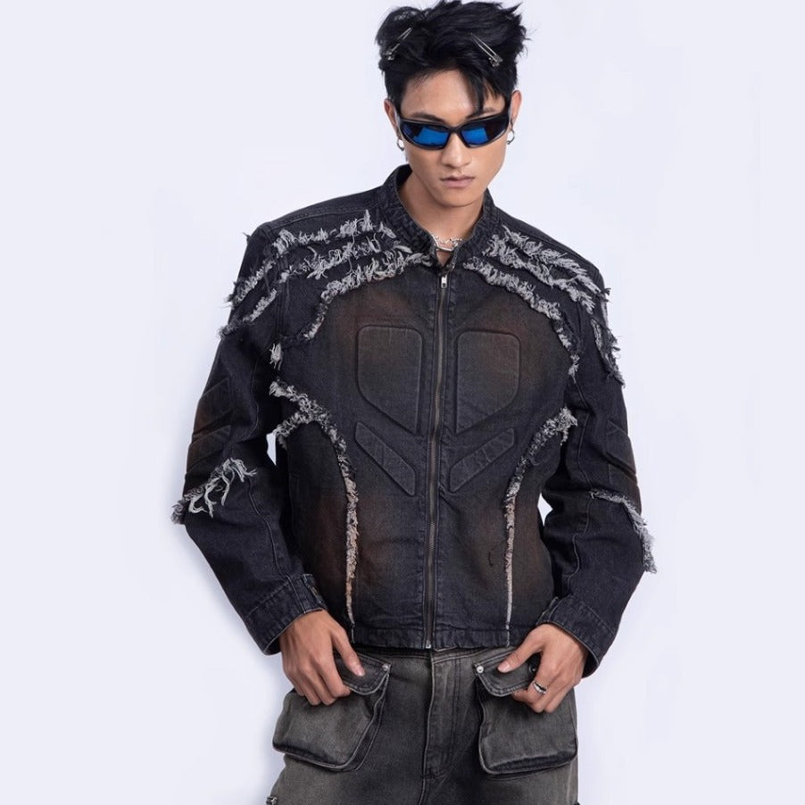 Y2K Vintage Washed Spliced Denim Zip‑Up Jacket Streetwear Unisex