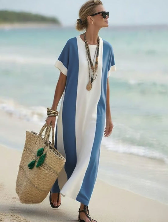 Women Boho Color Block Short Sleeve Kaftan Maxi Beach Dress